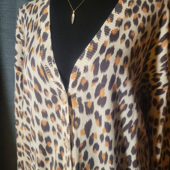 LOFT Leopard Long Sleeve Drop Shoulder Cardigan Open V-Neck Button Down - Size S - Picture 2 of 9